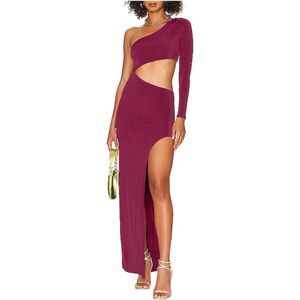 L'Vow Studio Wine Red Cutout Bodycon One Shoulder Maxi Dress  Sz M